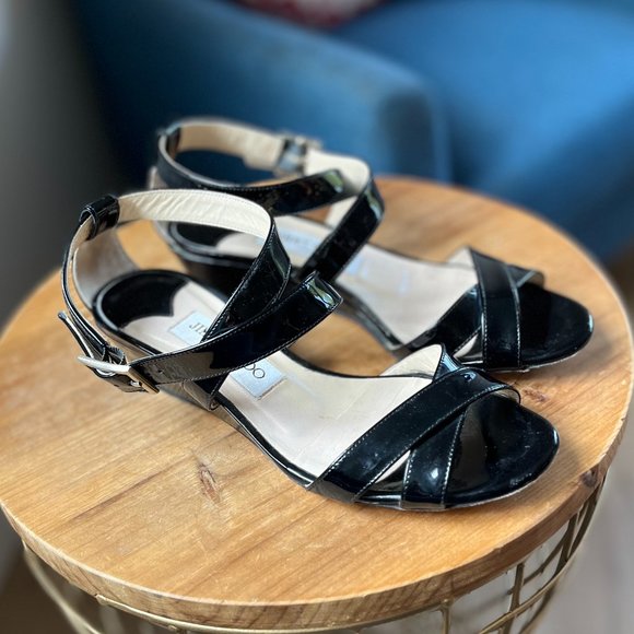 Jimmy Choo Shoes - Jimmy Choo Black Patent Chiara Crisscross Ankle Strap Wedge Sandals Size 36